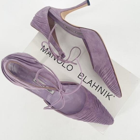 Manolo Blahnik Retro Lavender Suede Ruched Ankle Tie Pointed Toe Pump size IT 40 - Picture 1 of 11